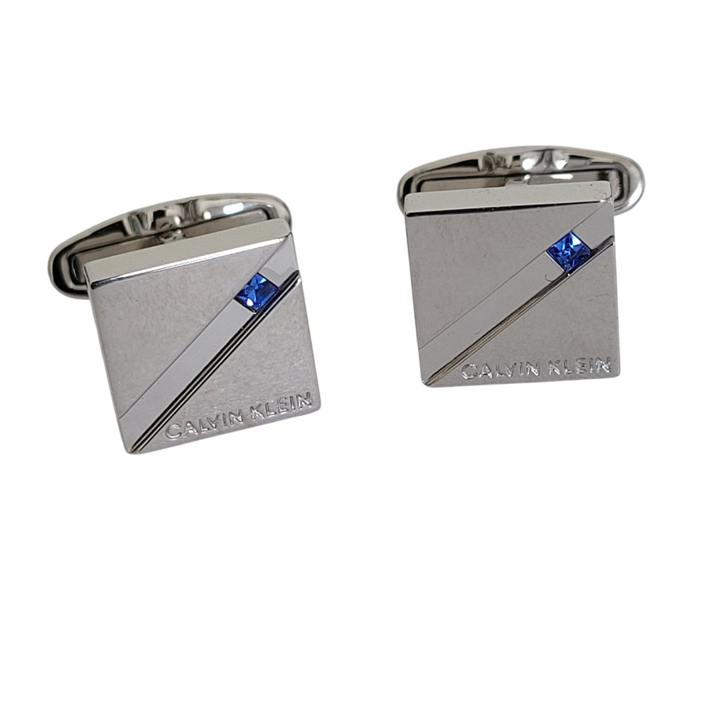 Calvin Klein Mens Square Cufflinks Silver Tone Blue Crystal Accent Etched Logo